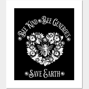 Floral Heart with Bee and quote ispirational, Save Earth, monocolor, motivational, save the bee Posters and Art